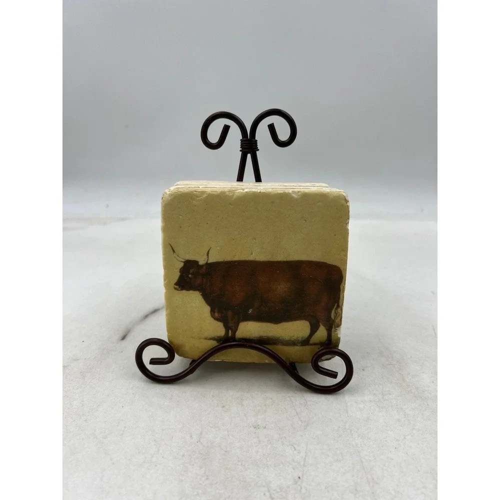 Ceramic Coasters Farmhouse Cow Bull Silhouette Country Kitchen Decor Set 4
